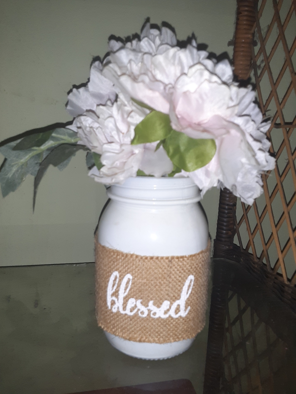 Neutral White Mason Jar Vase with 'Blessed' Burlap Band and Light Pink Flowers